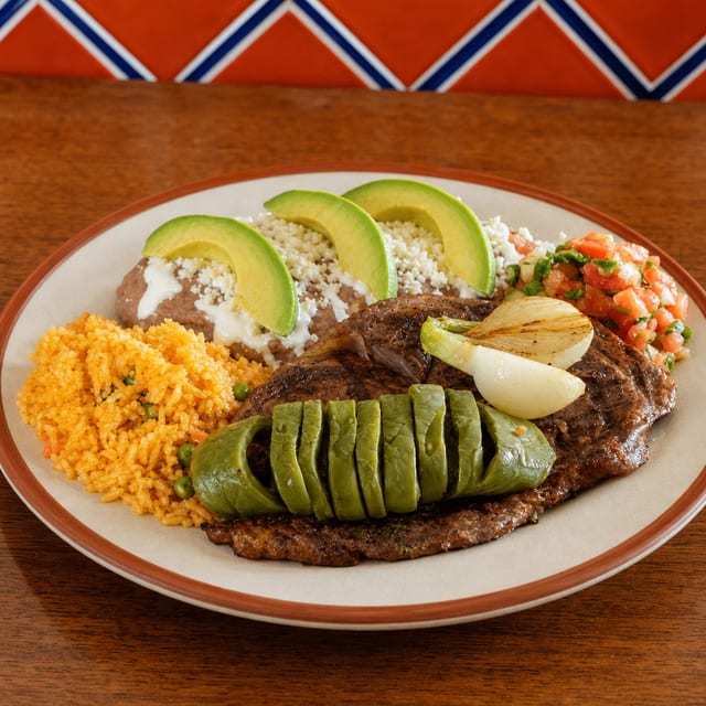 Bistec con Enfrijoladas (Ribeye Steak with Enfrijo).