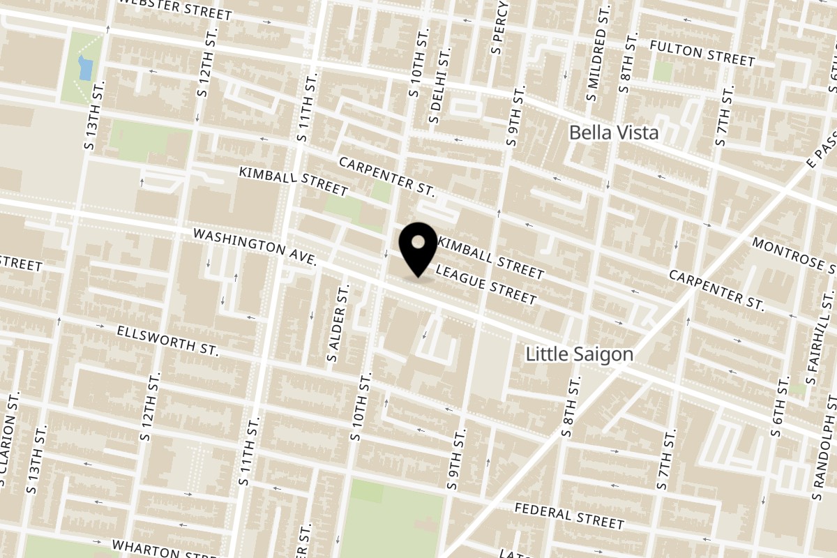Map showing the location of Plaza Garibaldi Mezcaleria on 935 Washington Ave in Philadelphia